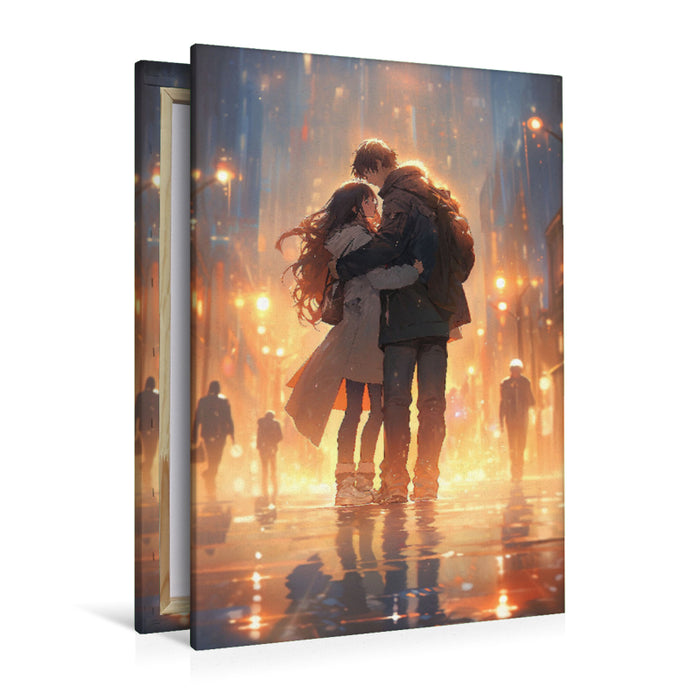 Premium textile canvas Manga - loving couple in the rain in the city 