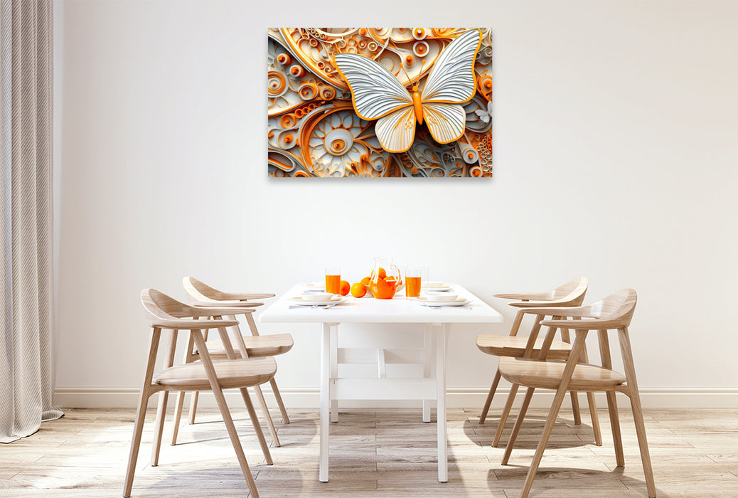 Premium Textil-Leinwand Orange weißer Schmetterling als Relief