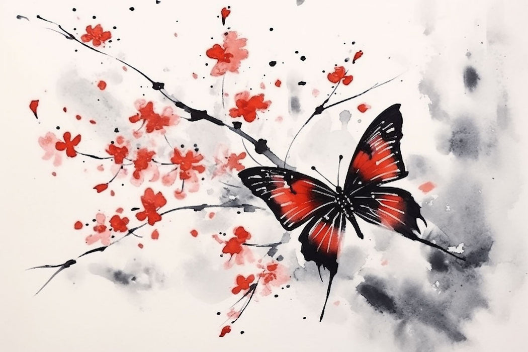 Premium Textil-Leinwand Japanische Tusche Malerei - Schmetterling auf Frühlingsblüten