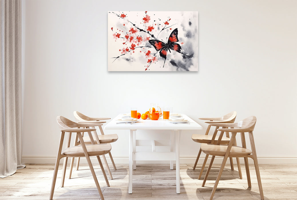 Premium Textile Canvas Japanese Ink Painting - Butterfly on Spring Blossoms 