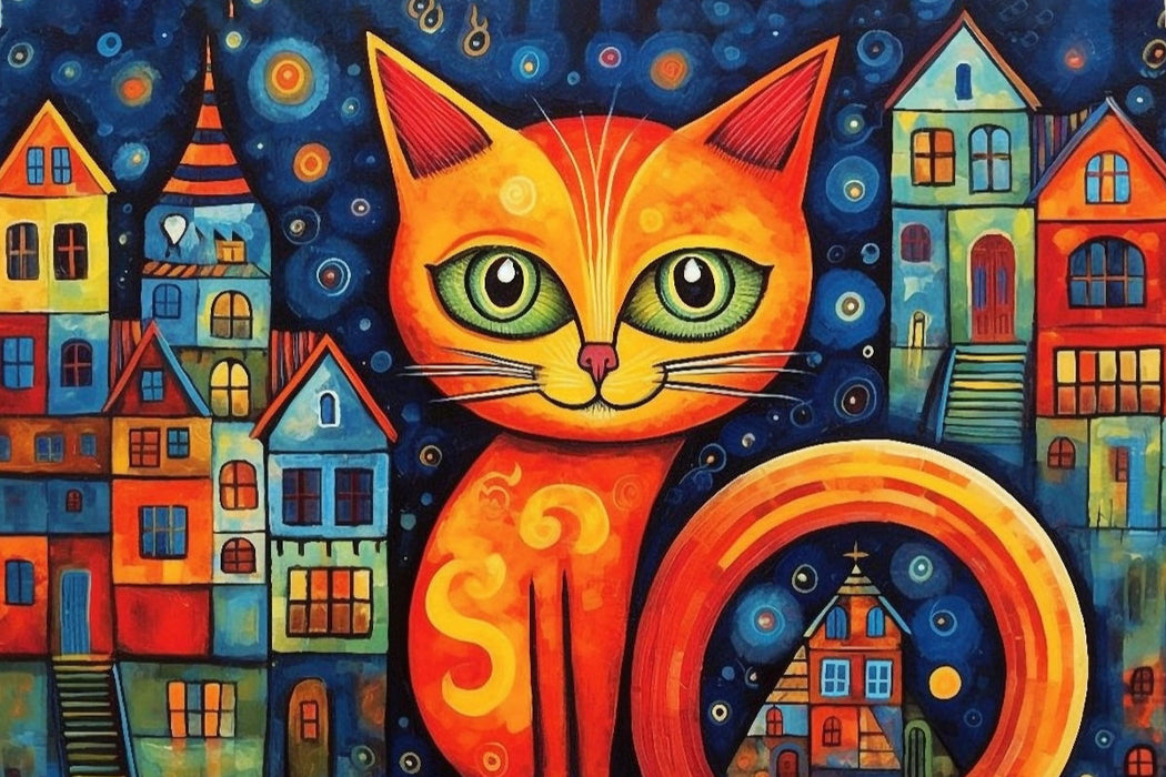 Premium Textil-Leinwand Katze Im Stil von Friedensreich Hundertwasser II