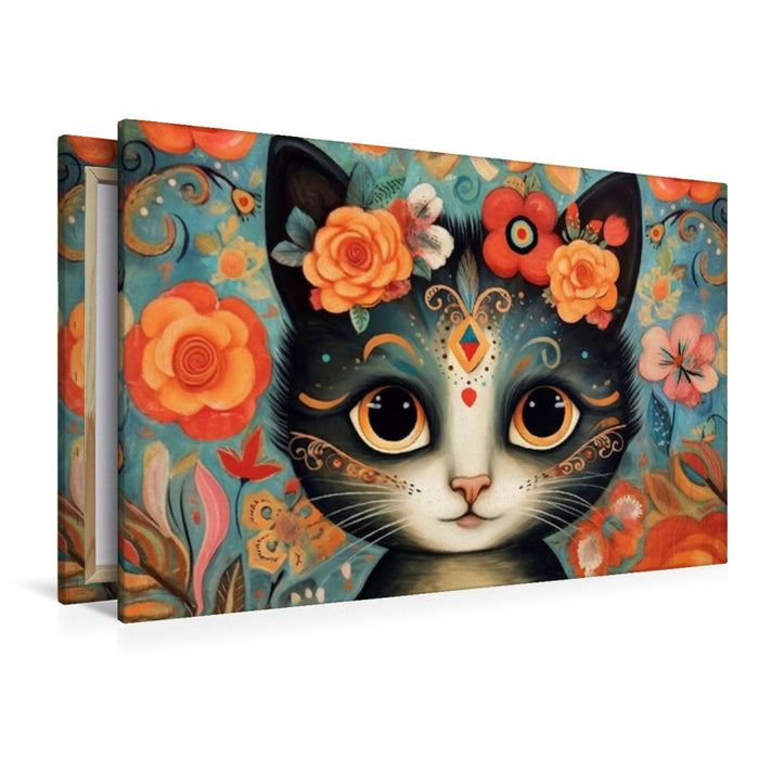 Premium Textil-Leinwand Katze Im Stil von Frieda Kahlo