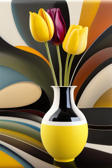 Premium Textil-Leinwand Bunte Tulpen in einer stylischen Vase, erstellt mit KI