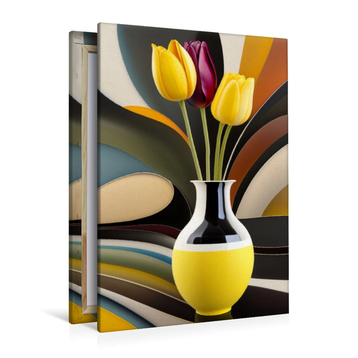 Premium Textil-Leinwand Bunte Tulpen in einer stylischen Vase, erstellt mit KI