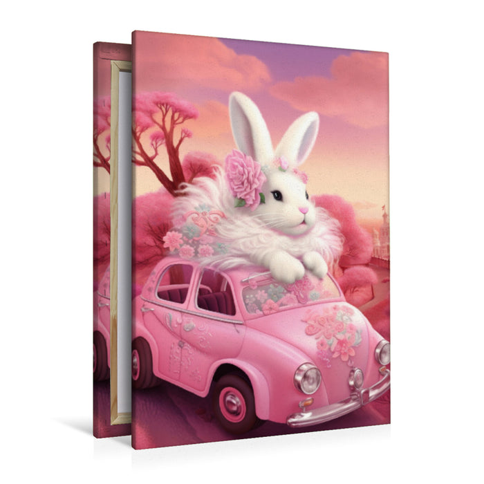 Premium Textil-Leinwand Ein Kaninchen fährt auf dem Autodach