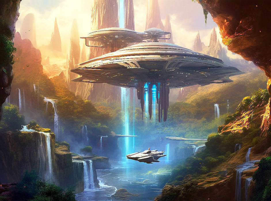 Science Fiction - Reise zu fremden Planeten - Wasserfall Besucher - CALVENDO Foto-Puzzle'