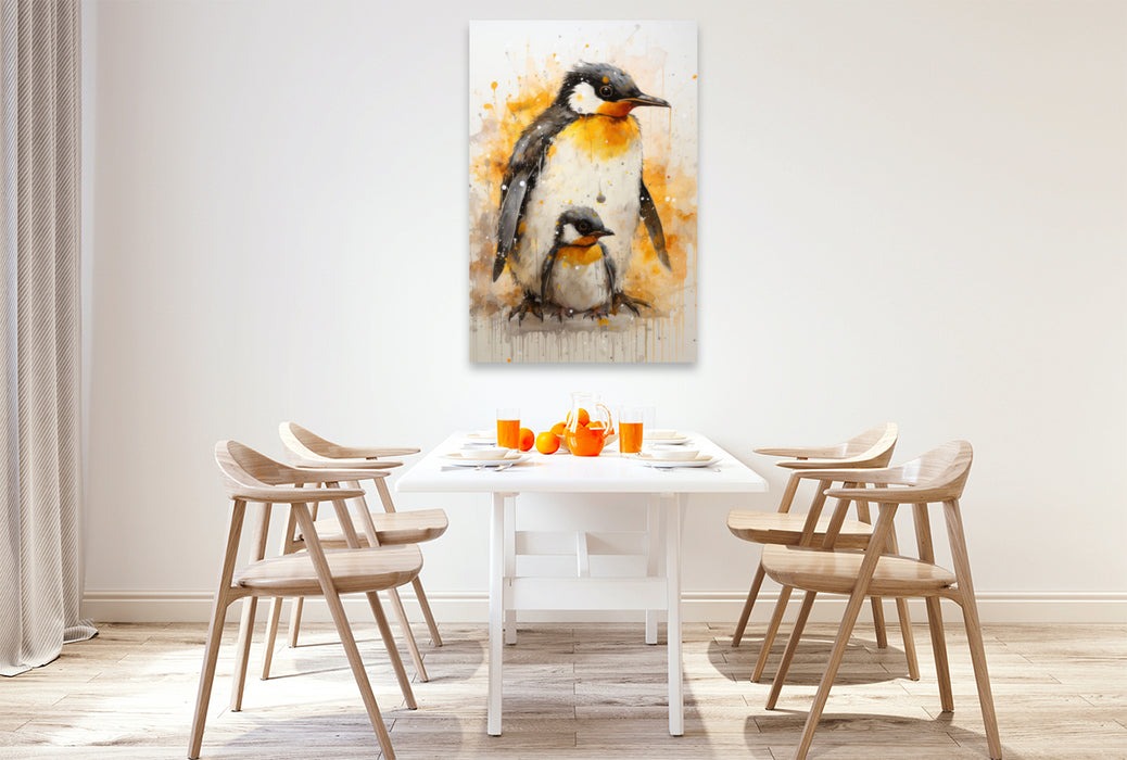 Premium Textil-Leinwand Niedliche Pinguinfamilie in Acrylfarbe