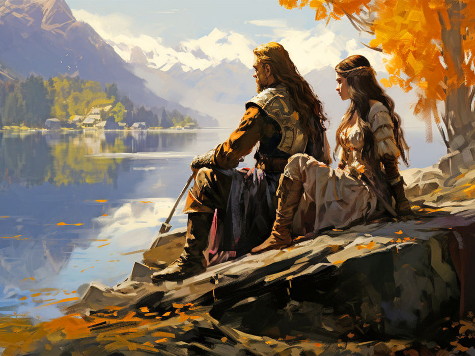Homme et femme d'un ancien peuple nordique au bord de la rivière - Vikings - Puzzle photo CALVENDO' 