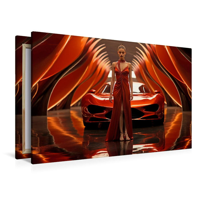 Premium Textil-Leinwand Modernes Concept Design Auto in Rot mit junger Frau