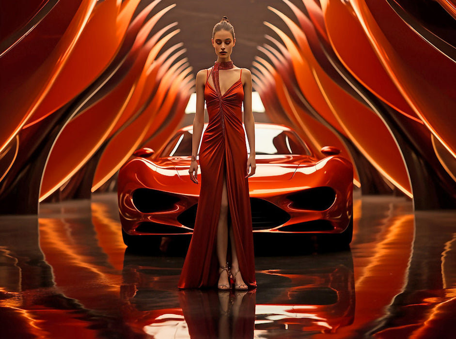 Voiture design moderne en rouge avec jeune femme - Puzzle photo CALVENDO' 