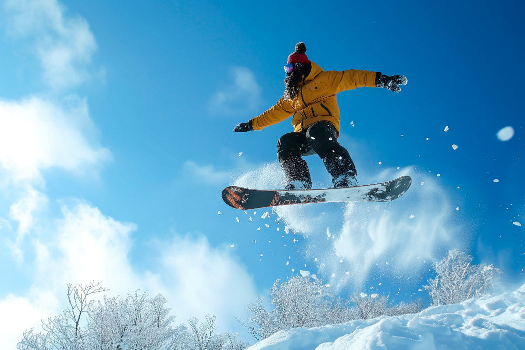 Premium Textil-Leinwand Snowboarden, sagenhafter Sprung