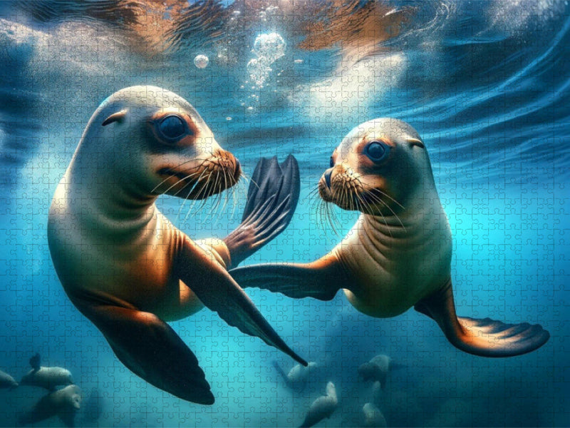 Ein Bild das das spielerische Verhalten junger kalifornischer Seelöwen zeigt - CALVENDO Foto-Puzzle'