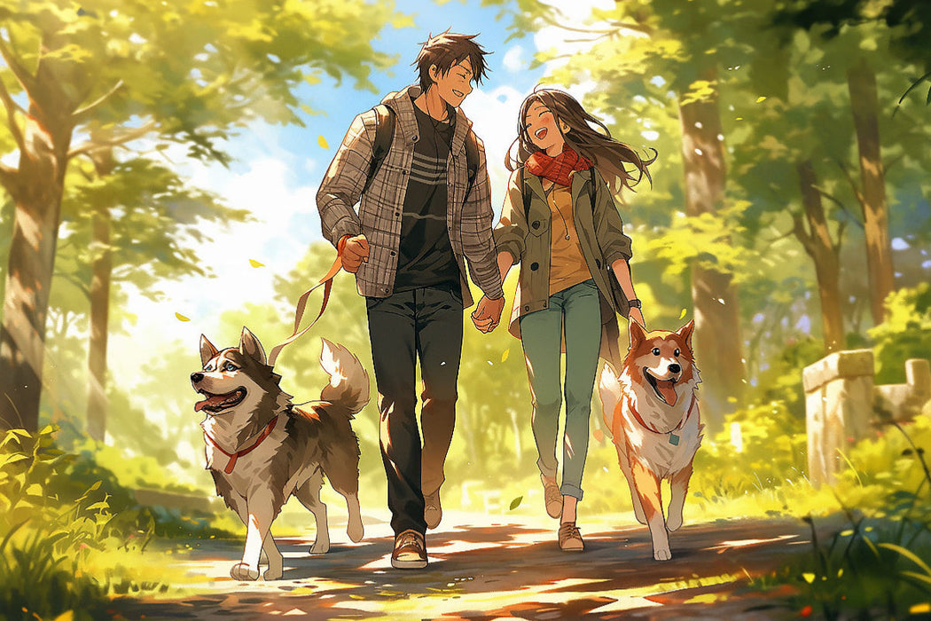 Premium textile canvas Our dogs love each other too - couples in manga style 