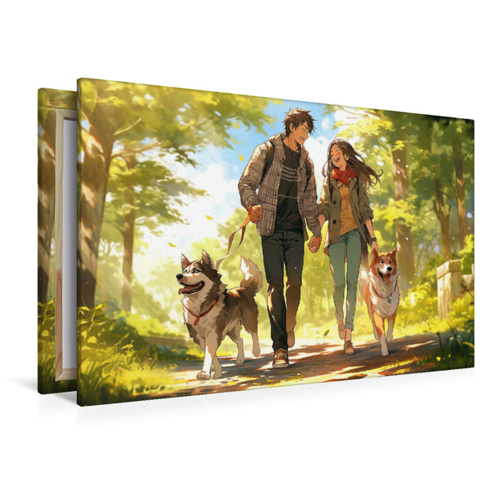 Premium textile canvas Our dogs love each other too - couples in manga style 