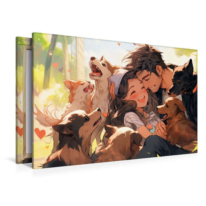 Premium textile canvas Let's take them all with us - manga style couple surrounded by puppies 