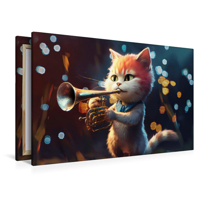 Premium textile canvas cat Max plays the trumpet 