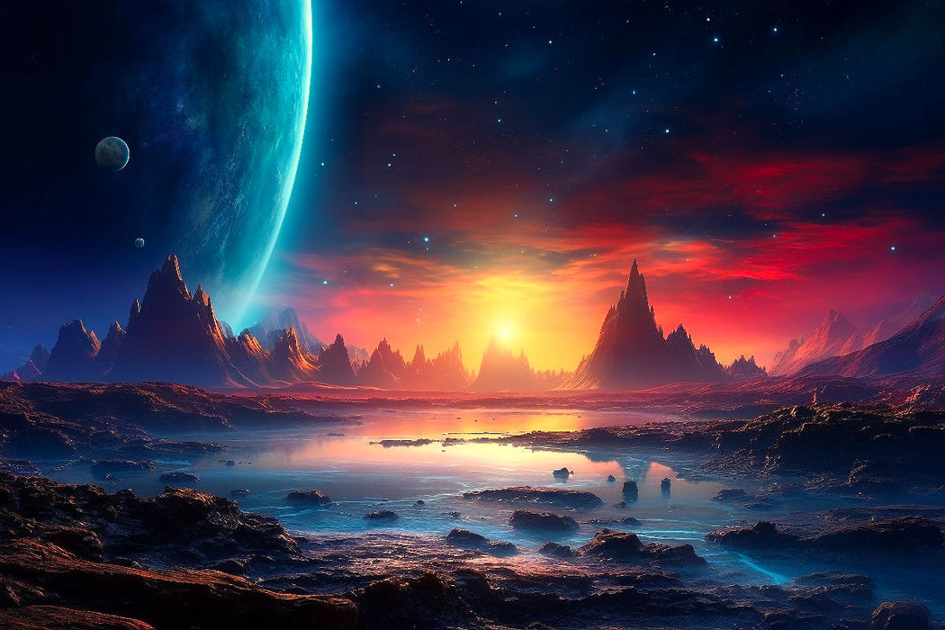 Premium Textil-Leinwand Science Fiction - Reise zu fremden Planeten - Sonnenuntergang