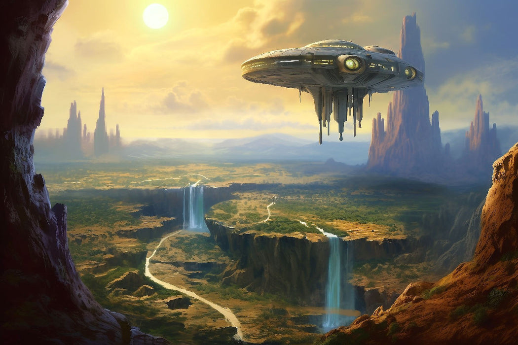 Premium Textil-Leinwand Science Fiction - Reise zu fremden Planeten - Raumschiff über Wasserfällen