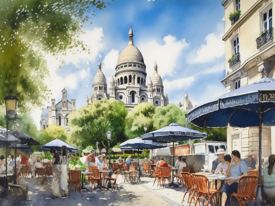 Café auf dem Montmartre mit Basilika Sacré Coeur - CALVENDO Foto-Puzzle'