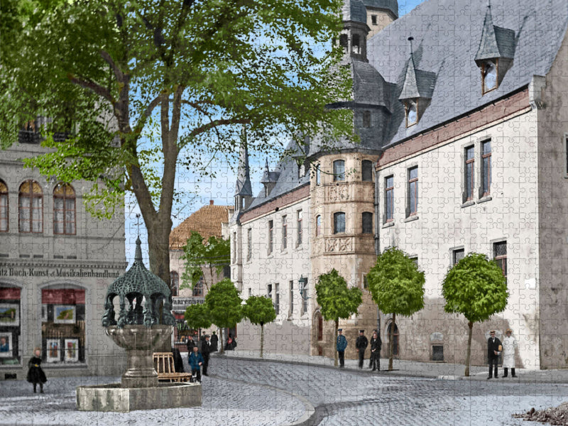 Aschersleben - Hôtel de ville et Hennebrunnen vers 1906 (en noir et blanc) - Puzzle photo CALVENDO' 