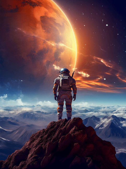 Astronaut schaut einen Sonnenuntergang auf fernem Planeten - CALVENDO Foto-Puzzle'