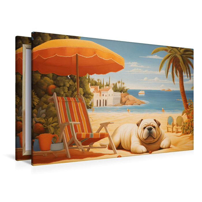 Premium Textil-Leinwand Hund liegt am Strand und sonnt sich am Meer