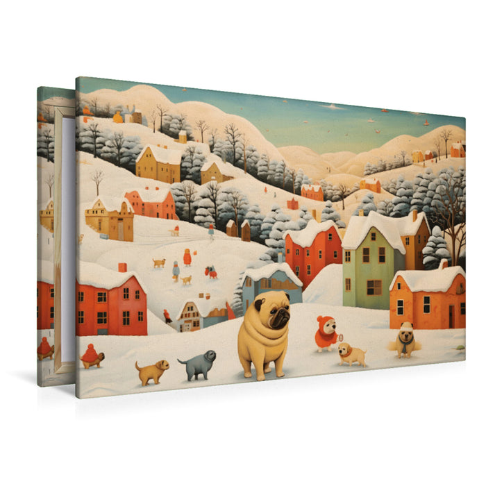 Premium Textil-Leinwand Hunde spielen in einer Winterlandschaft lustig im Schnee