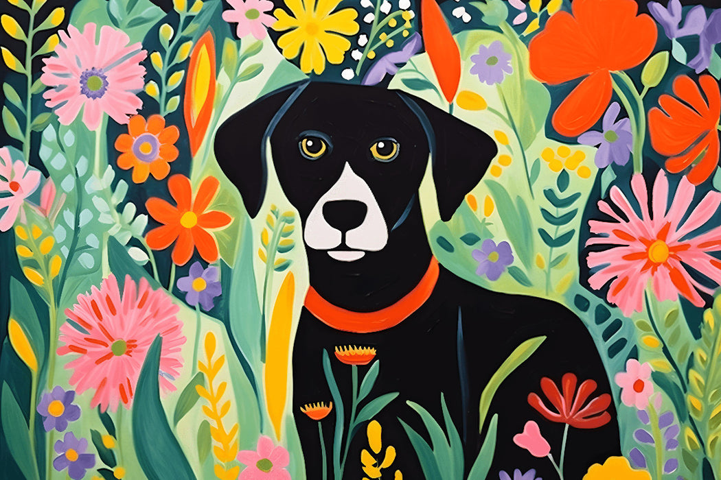 Premium Textil-Leinwand Schwarzer Hund im Blumenmeer