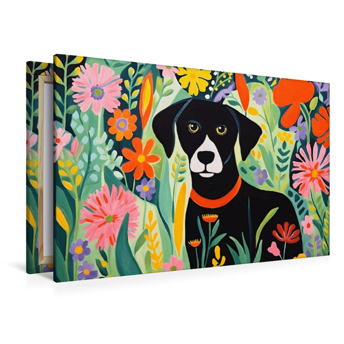 Premium Textil-Leinwand Schwarzer Hund im Blumenmeer