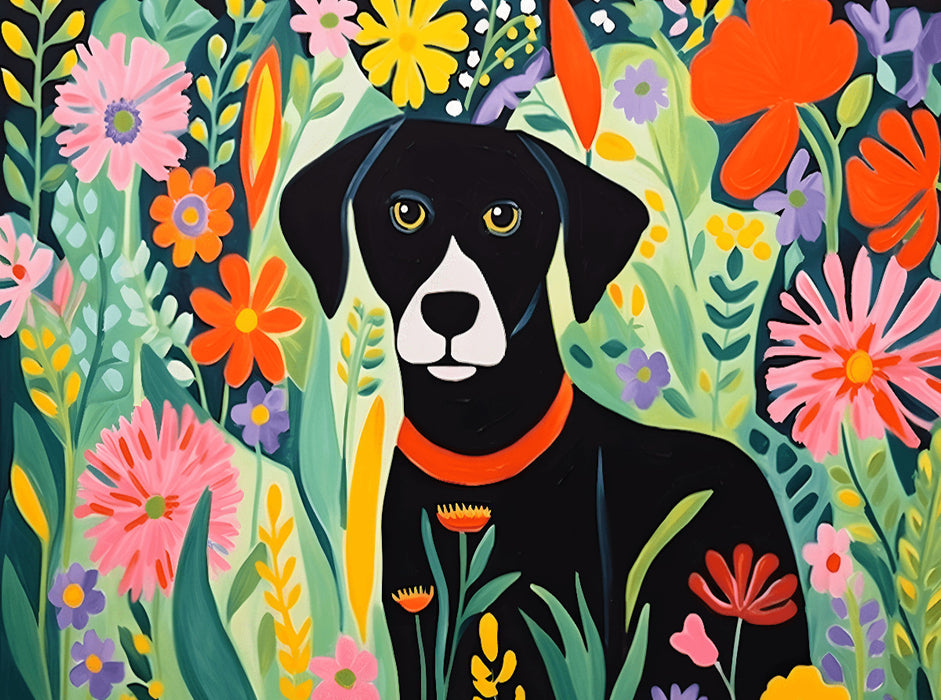 Schwarzer Hund im Blumenmeer - CALVENDO Foto-Puzzle'