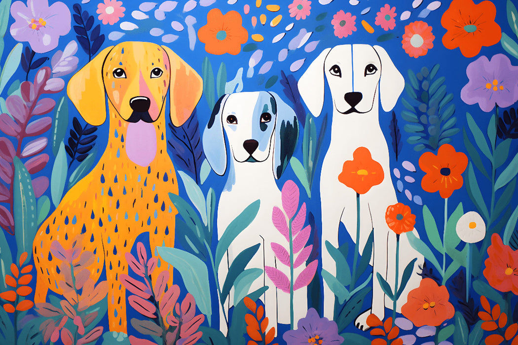 Toile textile premium Trois chiens assis entre des fleurs dans le jardin 
