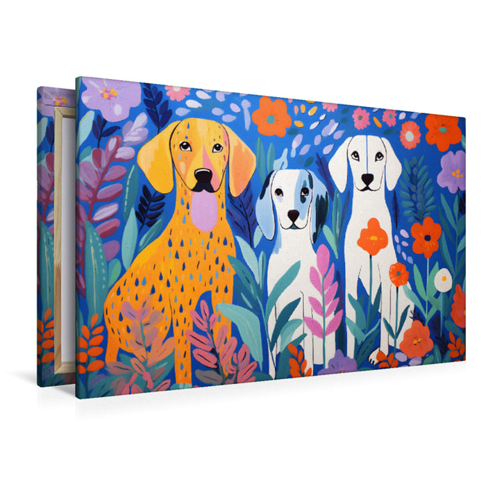 Premium Textil-Leinwand Drei Hunde sitzen zwischen Blumen im Garten