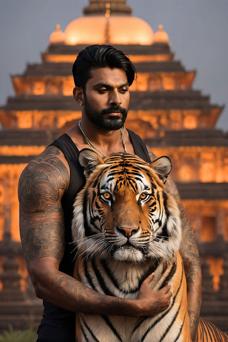 Premium Textil-Leinwand Inder mit beeindruckendem Tiger vor beleuchtetem Tempel