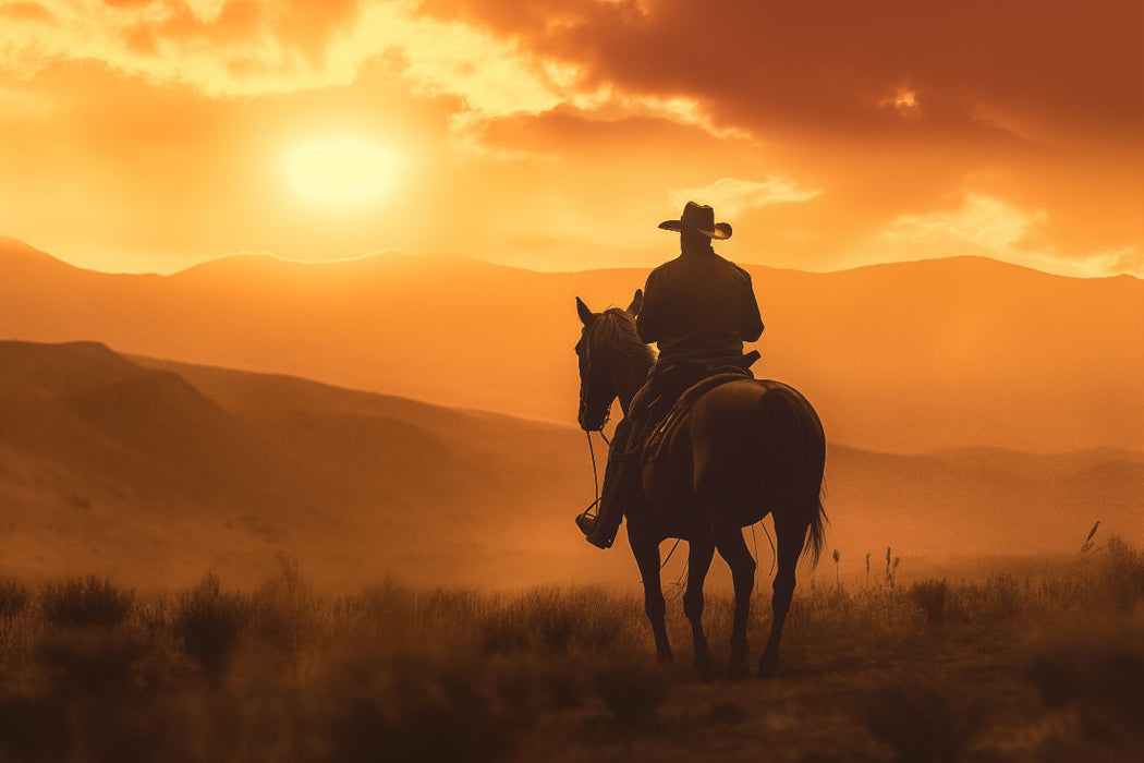 Premium Textil-Leinwand Staubige Träume: Ein Cowboy im Morgenlicht