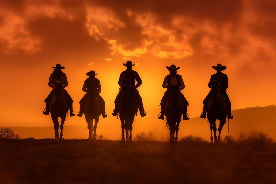 Premium Textil-Leinwand Legenden des Westens: Fünf Cowboys im Abendrot