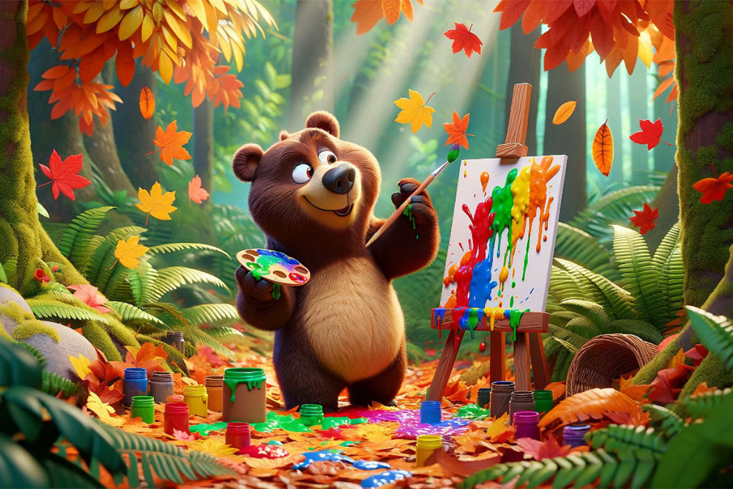 Premium Textil-Leinwand Herbstliche Malerei im Dschungel: Der künstlerische Braunbär