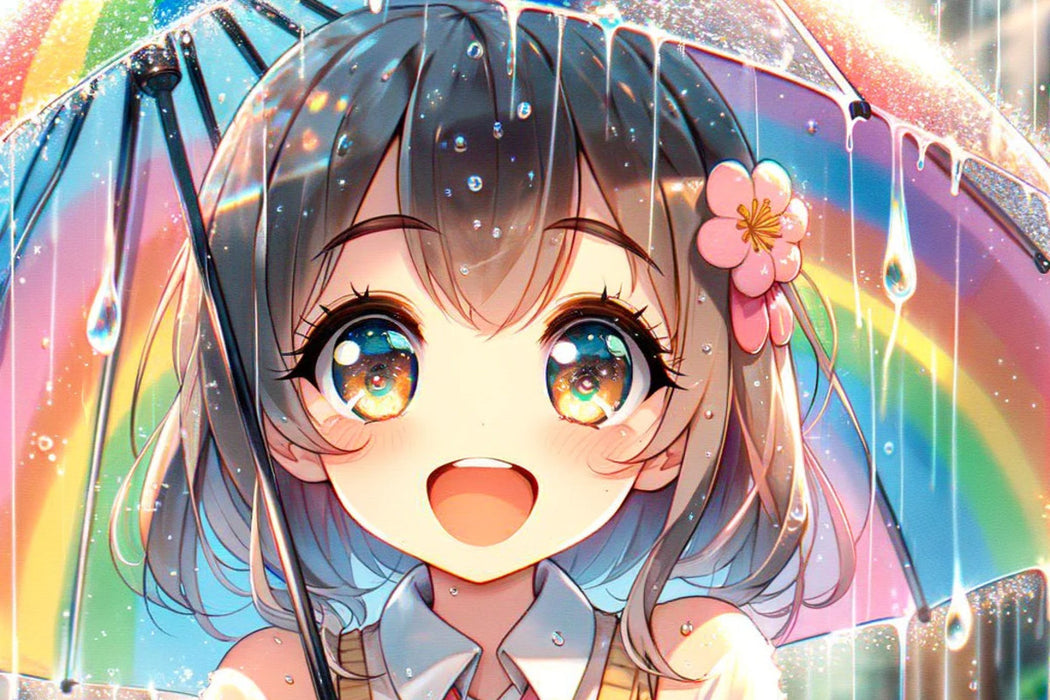 Premium Textil-Leinwand Manga Mädchen - Regenbogenfreude unter Tropfen