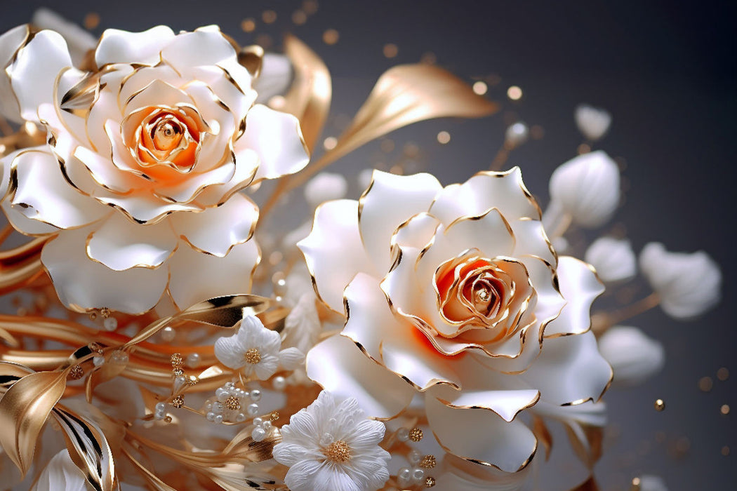 Premium Textil-Leinwand Weißgoldene Rosen wie aus Porzellan