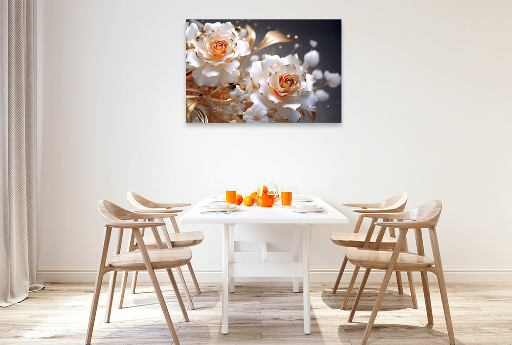 Premium textile canvas white gold roses as if made from porcelain 