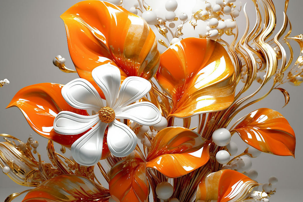 Premium Textil-Leinwand Bouquet aus Blättern und Blüten wie aus Porzellan