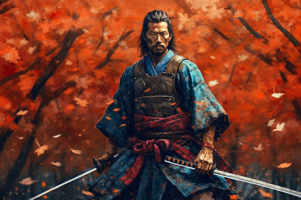 Premium Textil-Leinwand Bereit zum Kampf - Samurai im Herbstwald