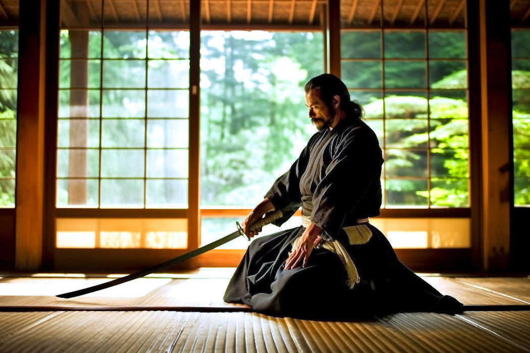 Premium Textil-Leinwand Gesammelte Vorbereitung - Samurai mit Katana Schwert