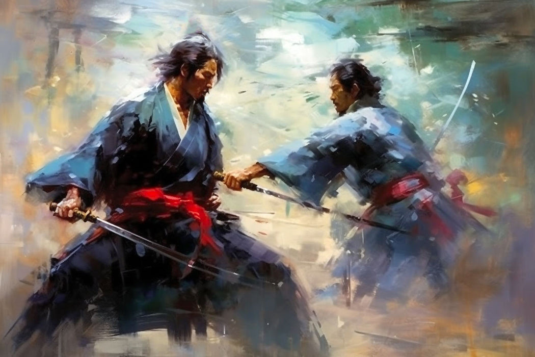 Premium textile canvas combat training of two samurai 