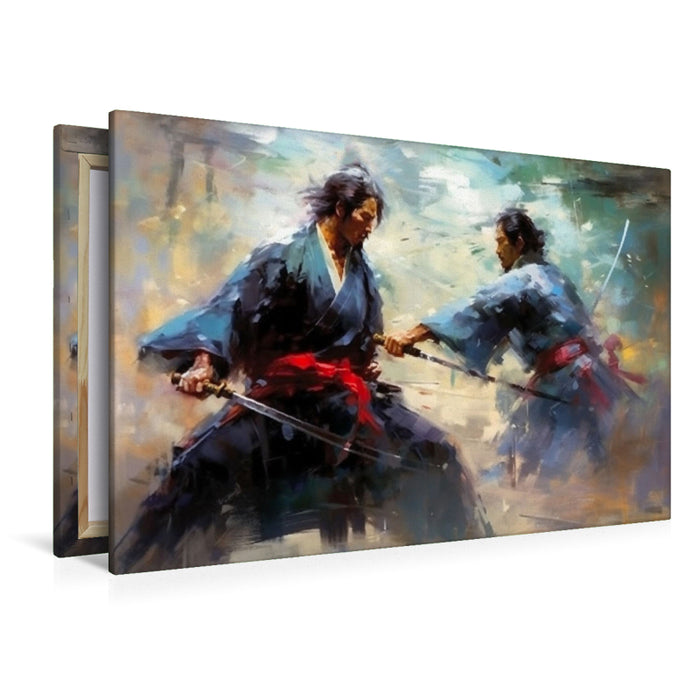 Premium textile canvas combat training of two samurai 