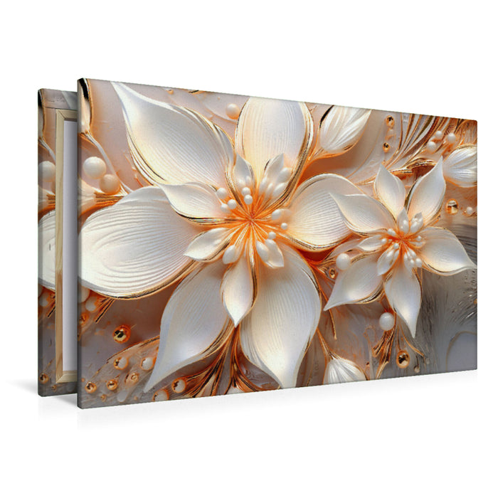 Premium Textil-Leinwand Sternentraum - zwei elegante Blüte in orange, weiß und gold
