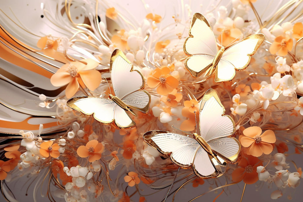 Premium Textil-Leinwand Schmetterlinge auf edlen Blüten in Orange und Gold