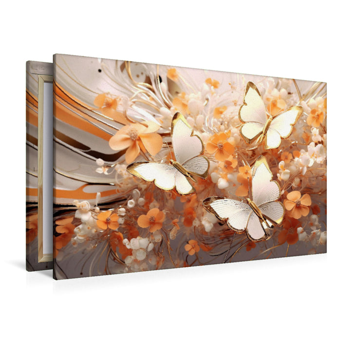 Premium Textil-Leinwand Schmetterlinge auf edlen Blüten in Orange und Gold