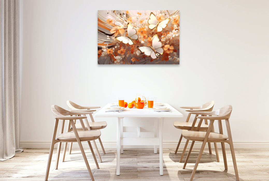 Premium textile canvas butterflies on elegant flowers in orange and gold 