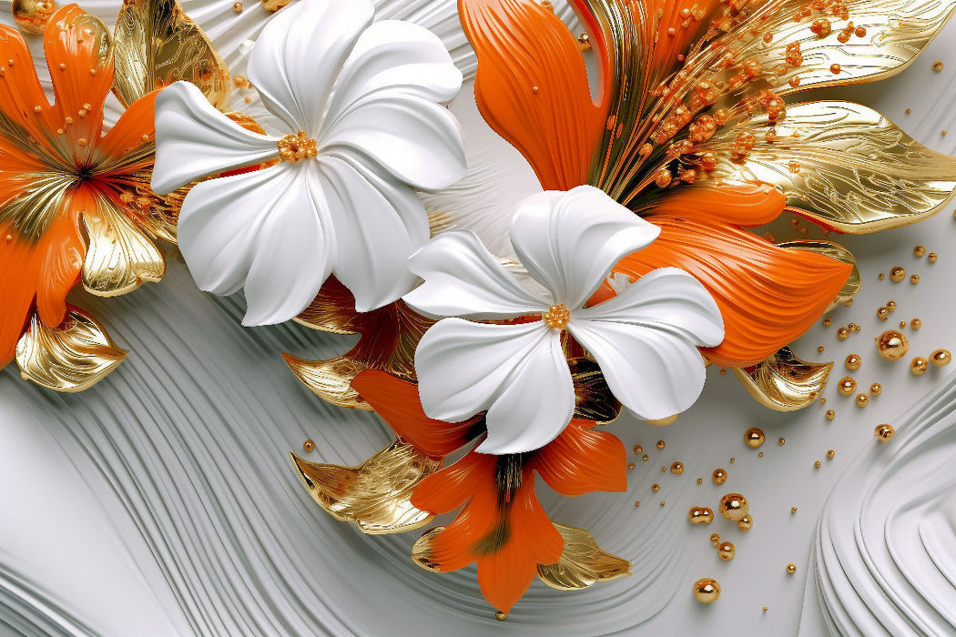 Premium Textil-Leinwand Elegante Wellen - edle Blüten in orange, gold und weiß