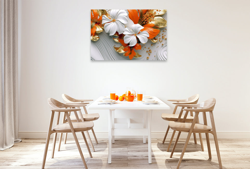 Premium textile canvas Elegant waves - elegant flowers in orange, gold and white 